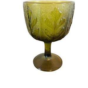 Vintage FTD 1975 Avocado Green Glass Pedestal Compote Dish with Oak Leaf Design